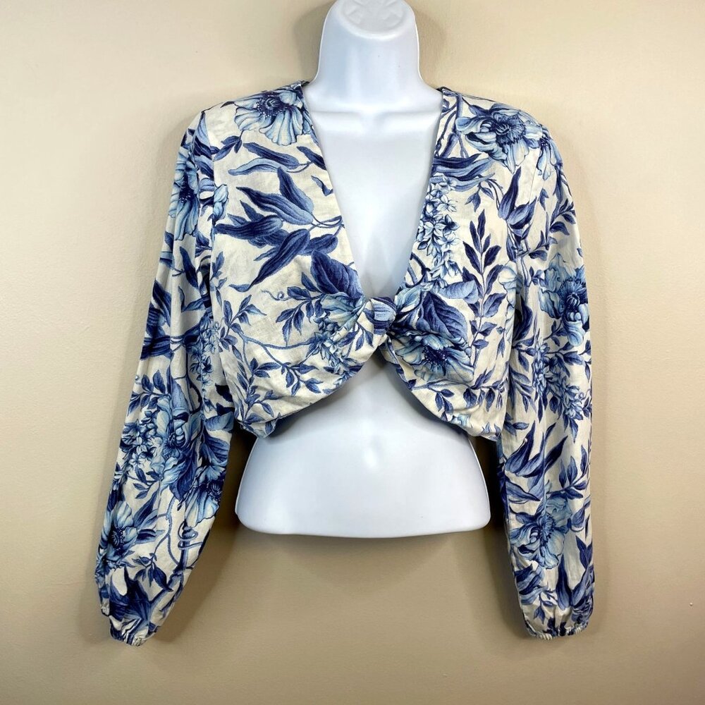 Beach Resort Crop Top‎ Medium Blue Linen Blend Island Floral Cruise Vacation